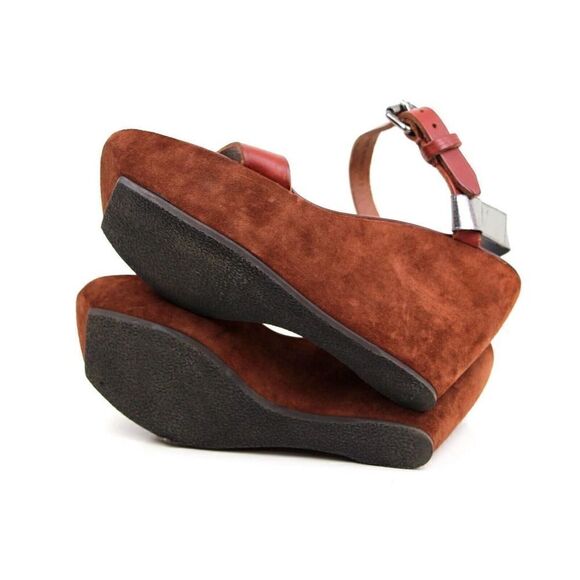 Acne Italy BROWN SUEDE SILVER LEATHER OPEN TOE HIGH HEEL WEDGE SHOES Sz 40 9.5 - Picture 7 of 10